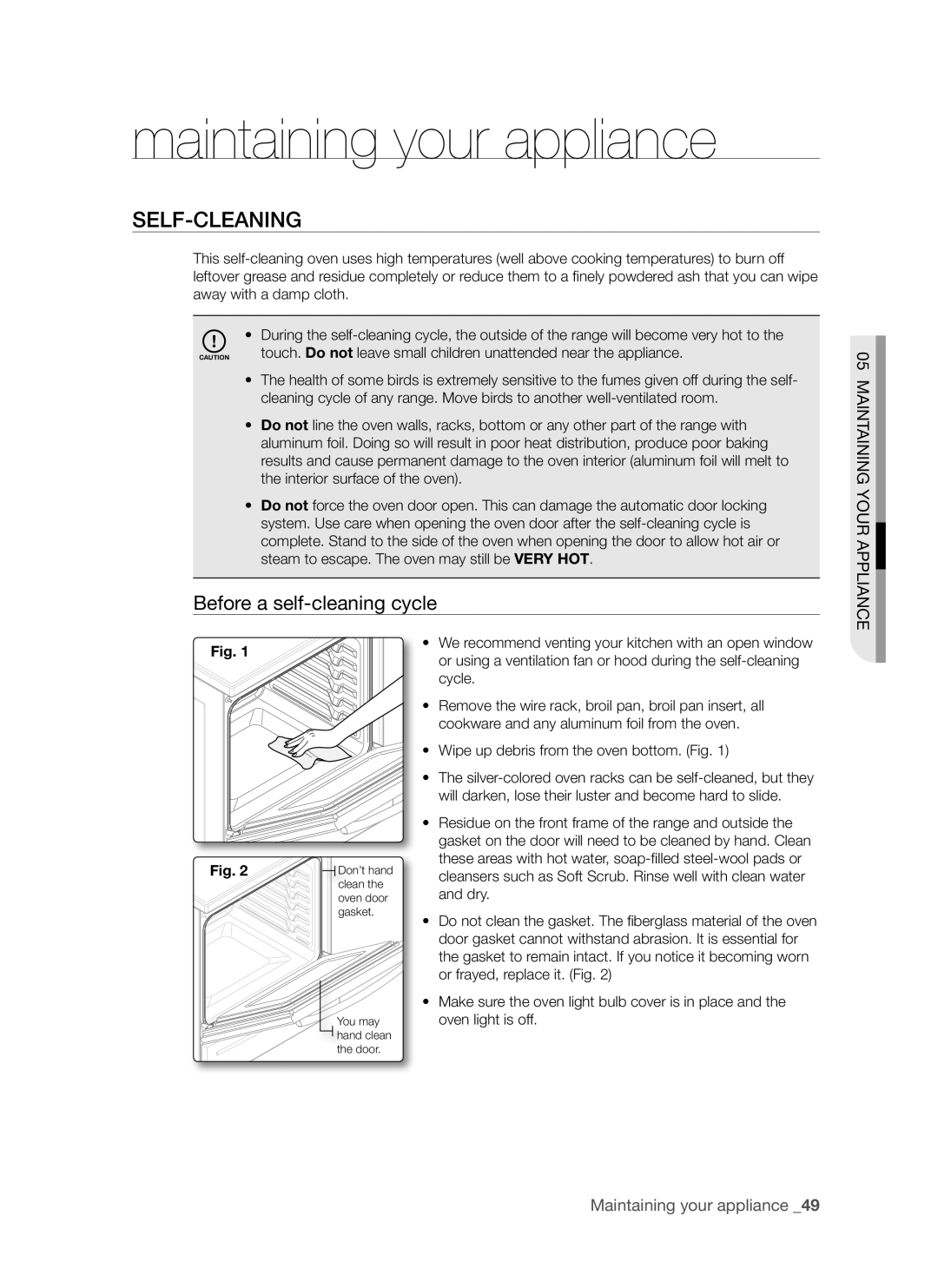 Samsung FTQ307 user manual Maintaining your appliance, Self-cleaning, Before a self-cleaning cycle 