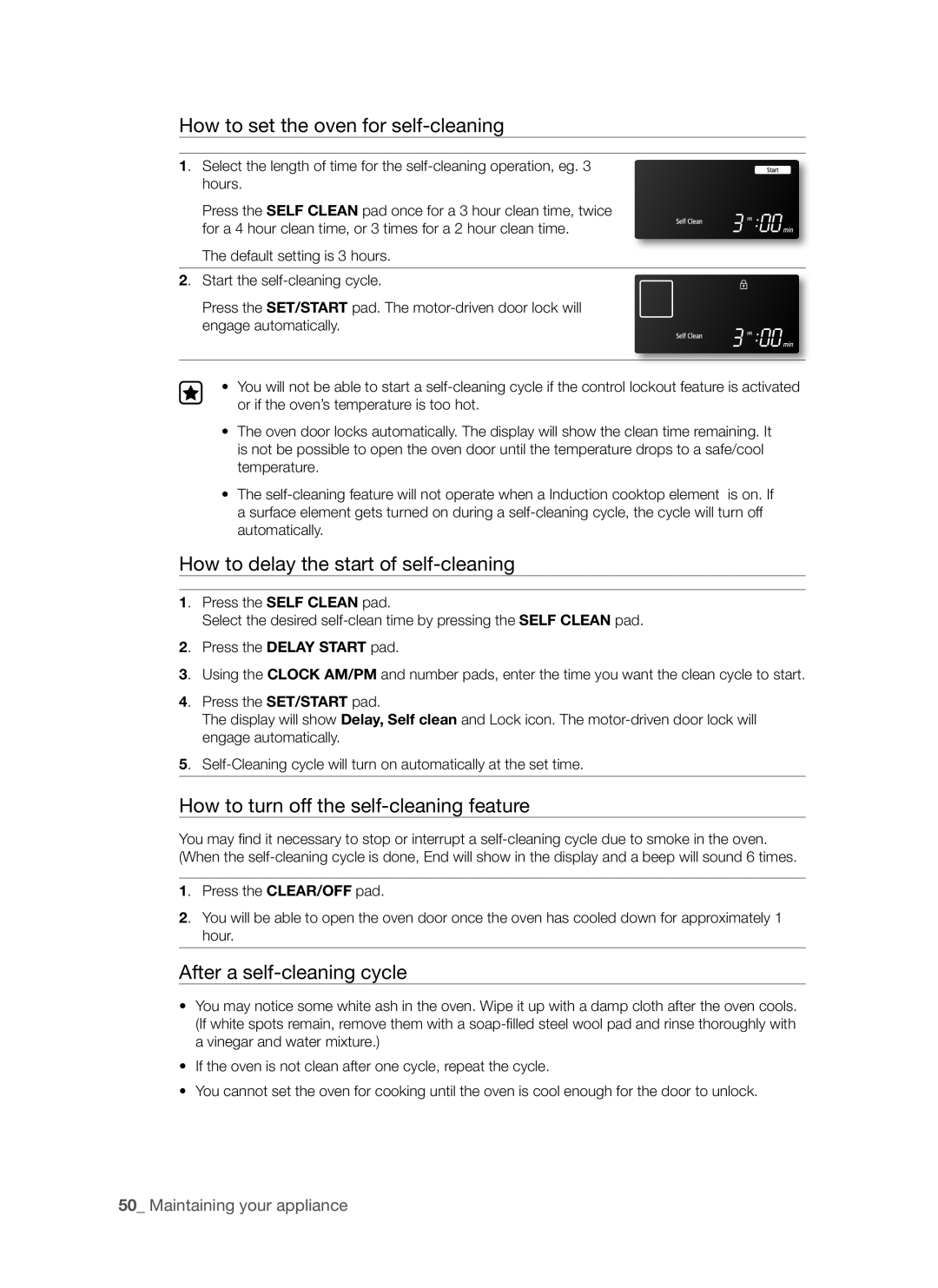 Samsung FTQ307 How to set the oven for self-cleaning, How to delay the start of self-cleaning, After a self-cleaning cycle 