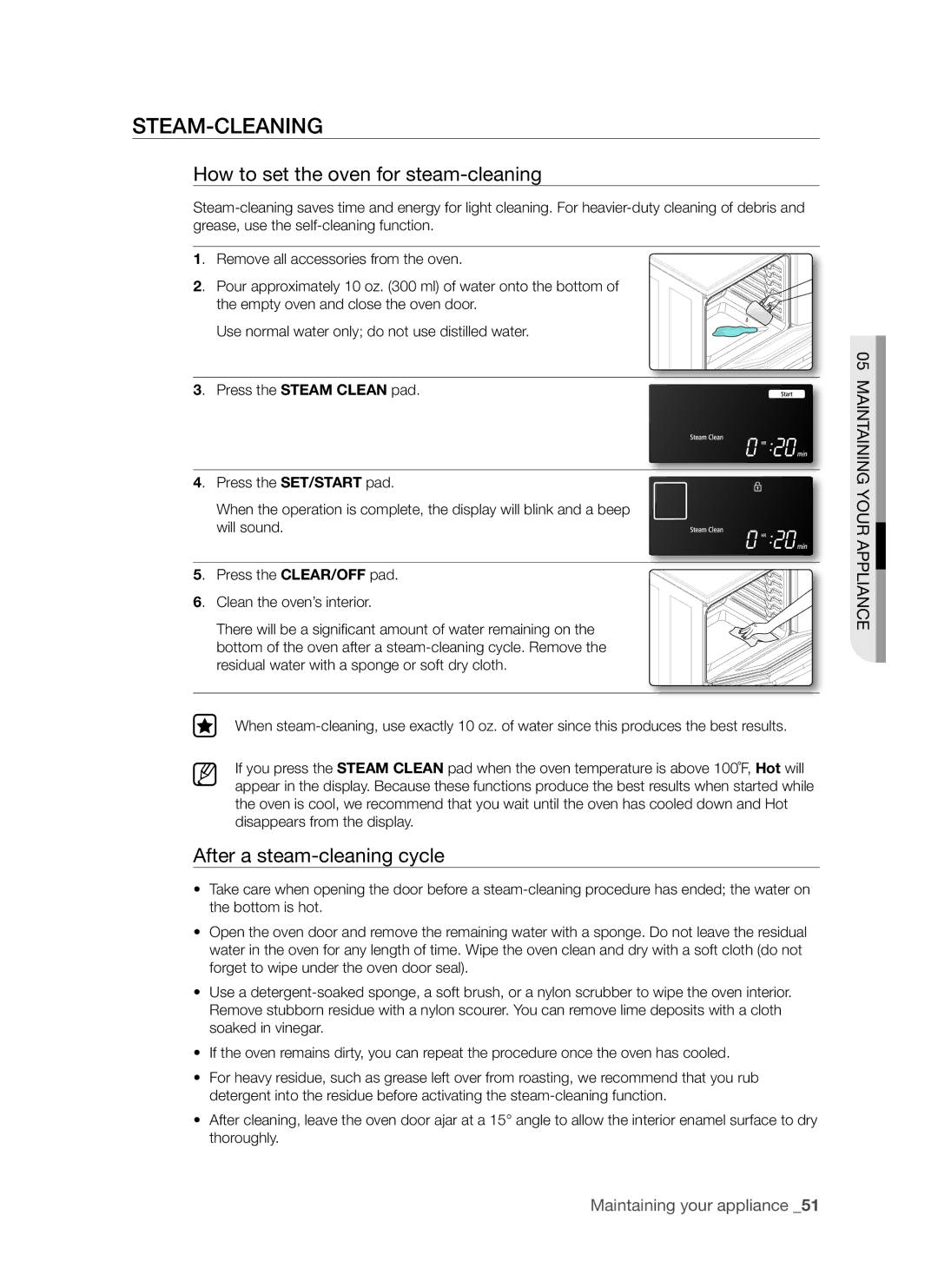 Samsung FTQ307 user manual After a steam-cleaning cycle, Steam-cleaning How to set the oven for steam-cleaning 