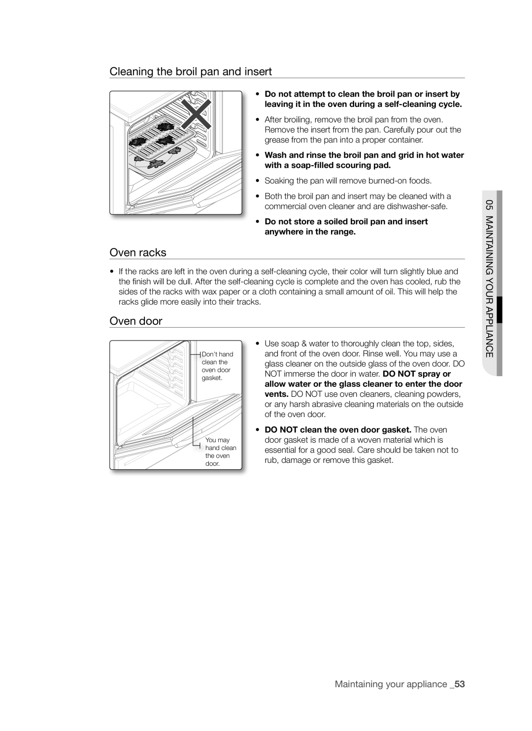 Samsung FTQ307 user manual Cleaning the broil pan and insert, Oven racks, Oven door 