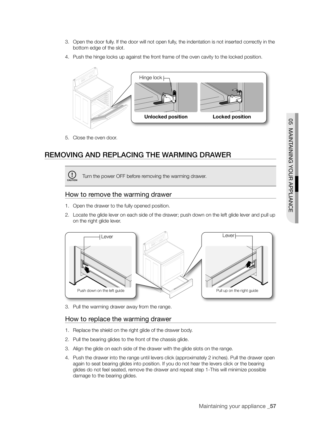 Samsung FTQ307 user manual Removing and replacing the warming drawer, How to remove the warming drawer 