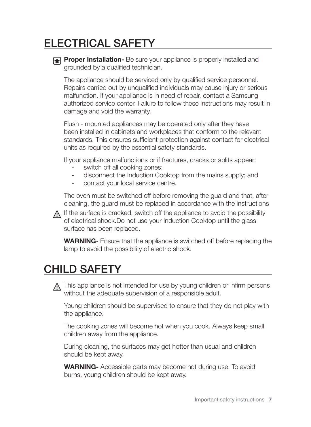 Samsung FTQ307 user manual Electrical safety 