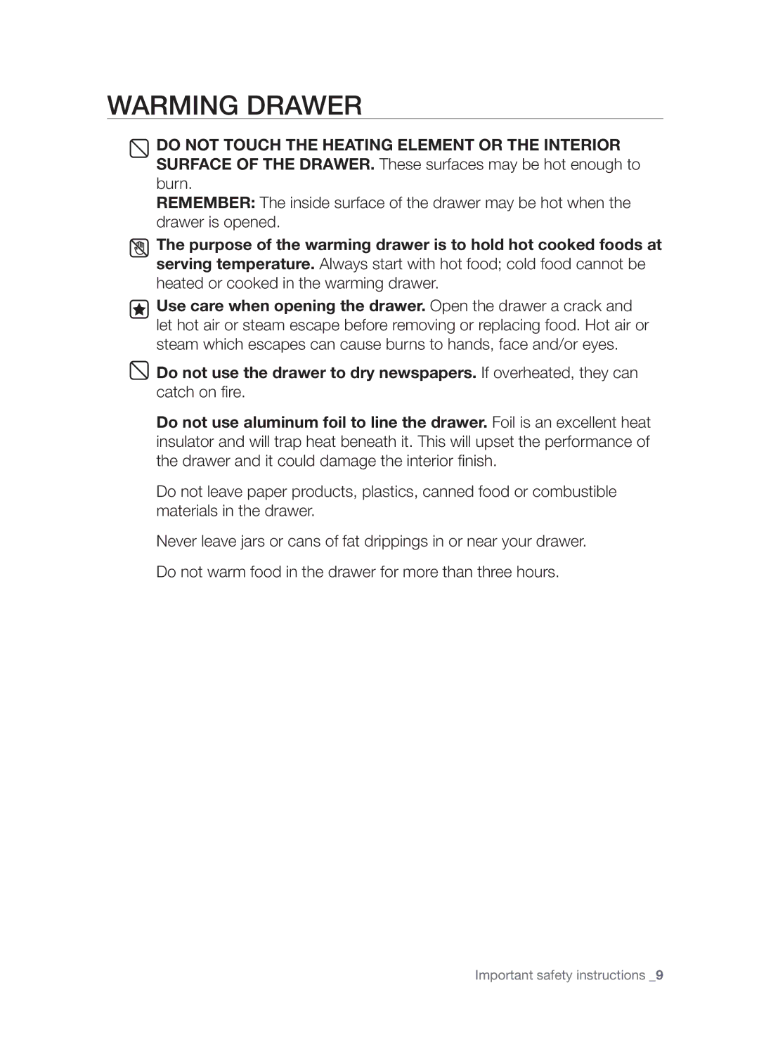 Samsung FTQ307 user manual Warming Drawer 