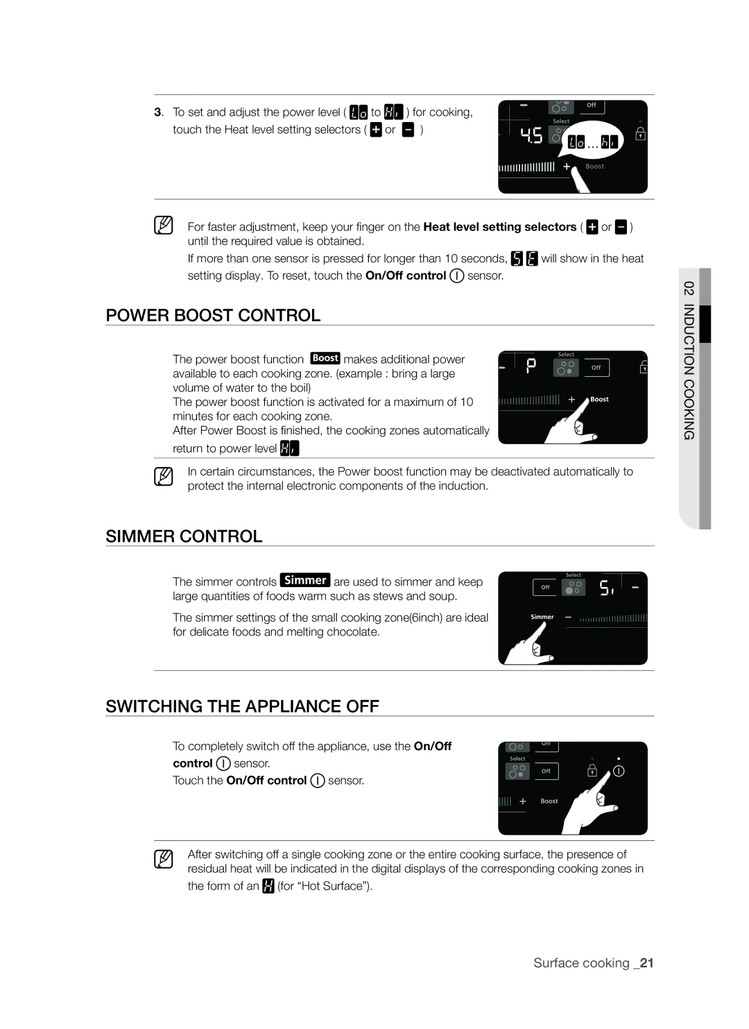 Samsung FTQ307NWGX user manual Power boost control, Simmer Control, Switching the appliance off, Control sensor 