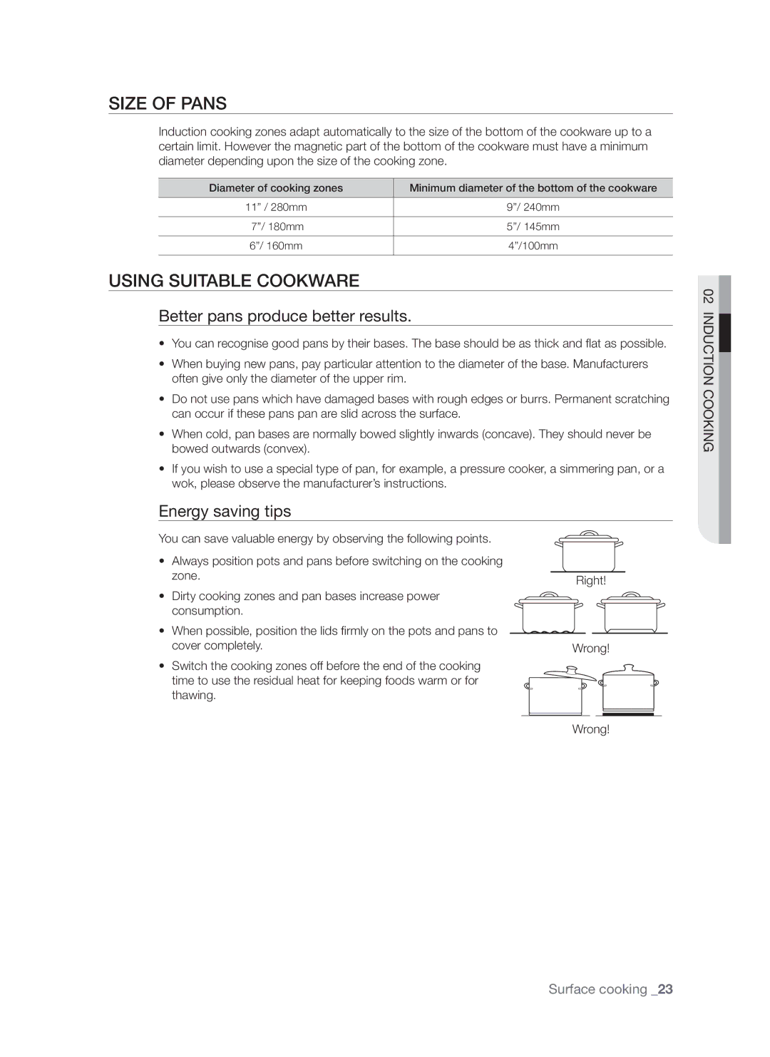 Samsung FTQ307NWGX Size of pans, Using suitable cookware, Better pans produce better results, Energy saving tips 