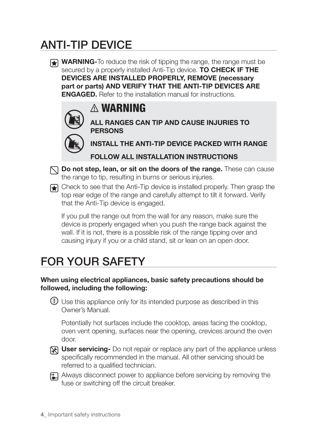 Samsung FTQ307NWGX user manual ANTI-TIP Device 