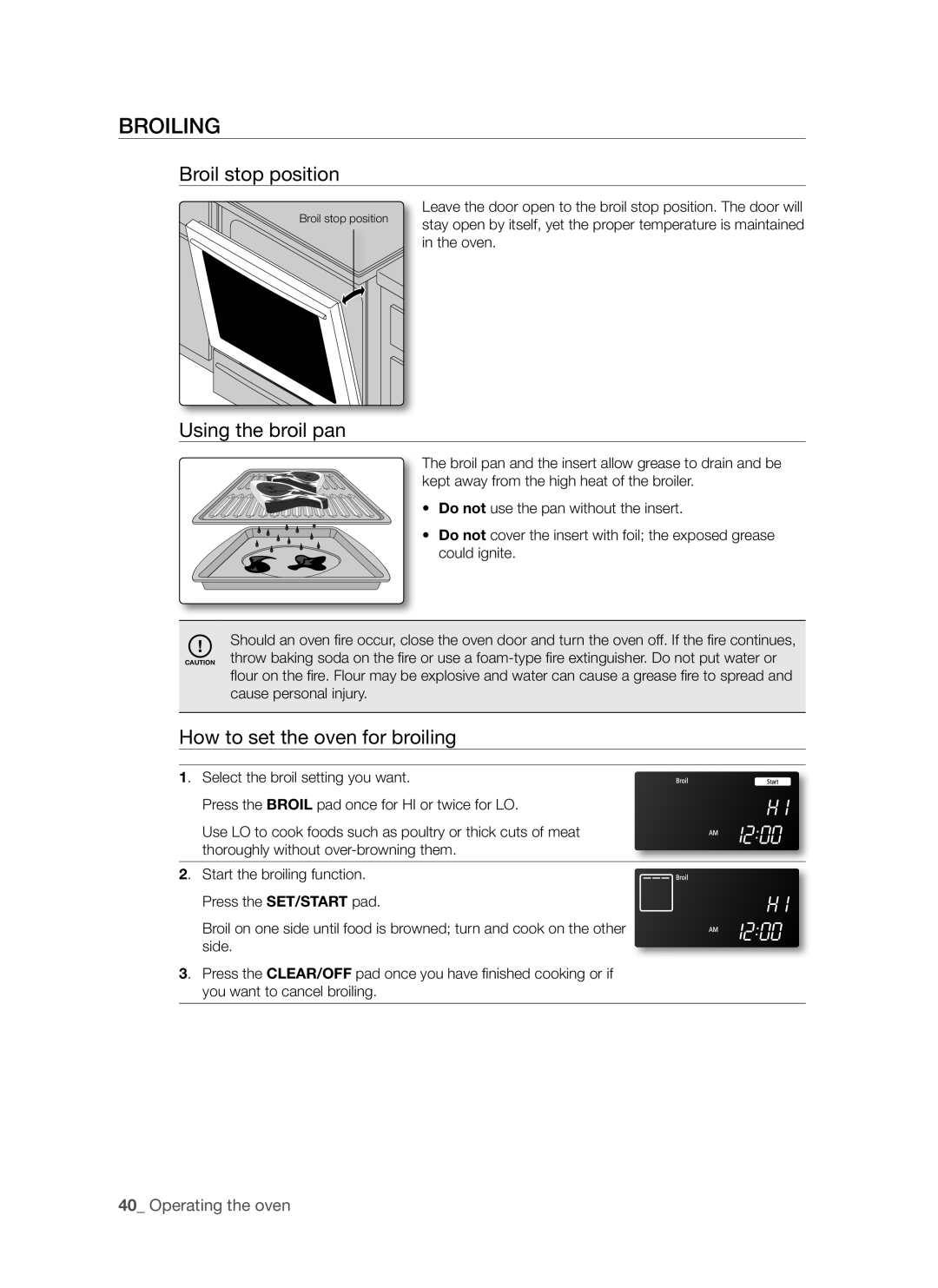 Samsung FTQ307NWGX user manual Broiling, Broil stop position, Using the broil pan, How to set the oven for broiling 