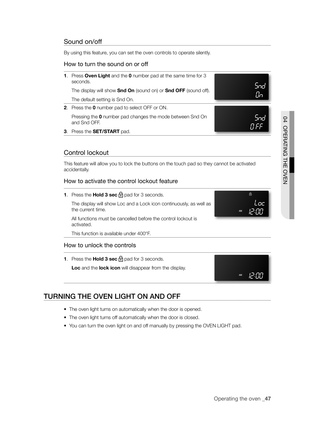 Samsung FTQ307NWGX user manual Turning the oven light on and off, Sound on/off, Control lockout 