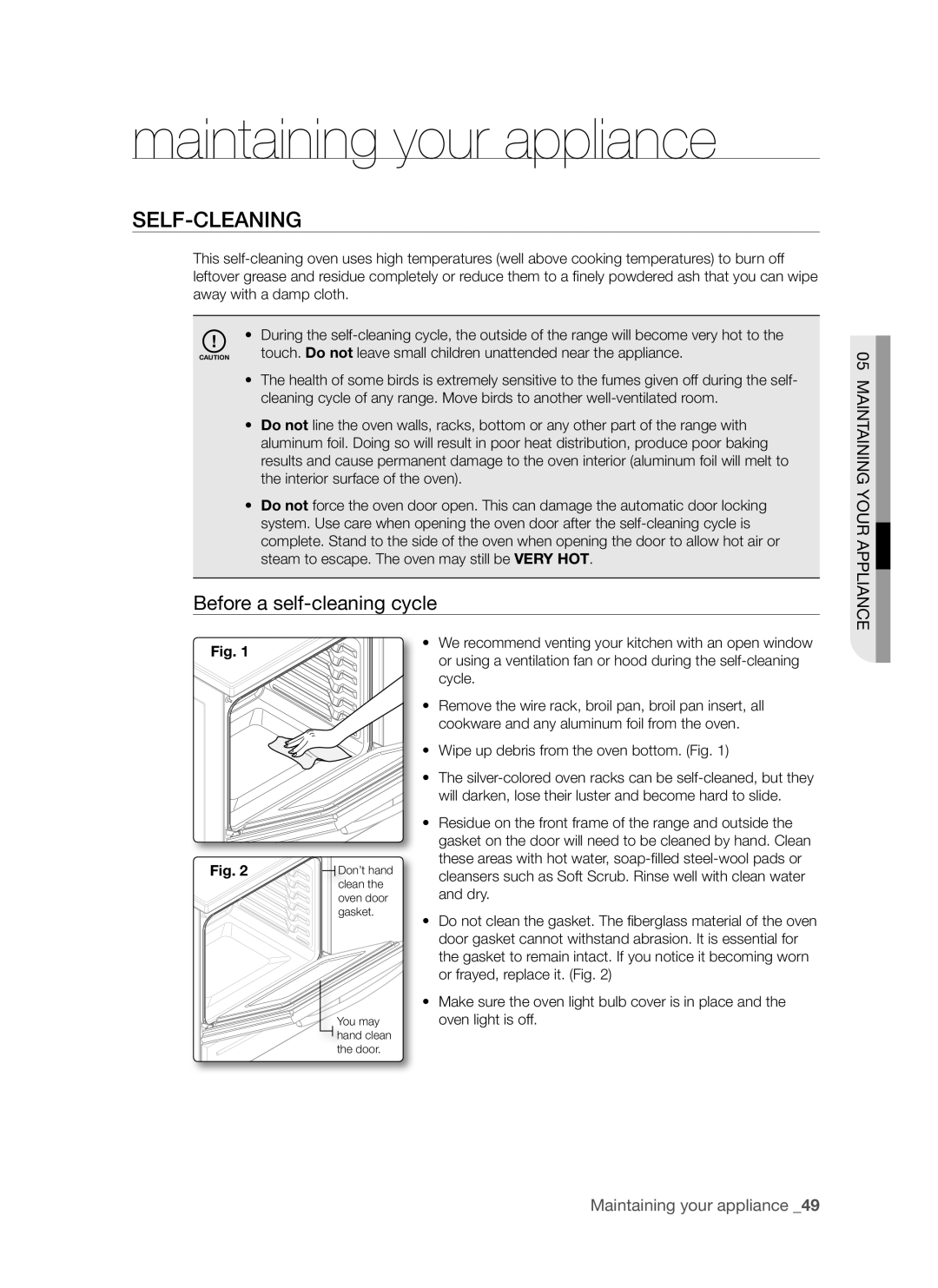 Samsung FTQ307NWGX user manual Maintaining your appliance, Self-cleaning, Before a self-cleaning cycle 