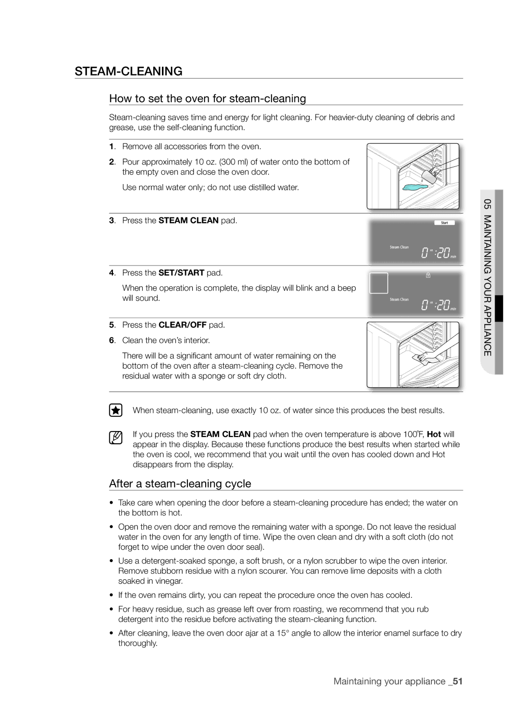 Samsung FTQ307NWGX user manual After a steam-cleaning cycle, Steam-cleaning How to set the oven for steam-cleaning 