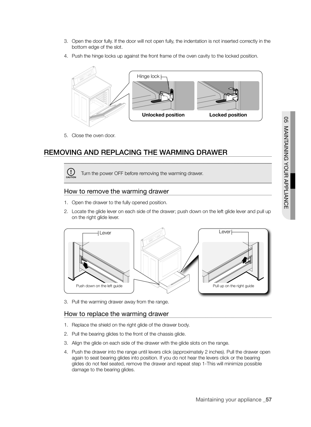 Samsung FTQ307NWGX user manual Removing and replacing the warming drawer, How to remove the warming drawer 