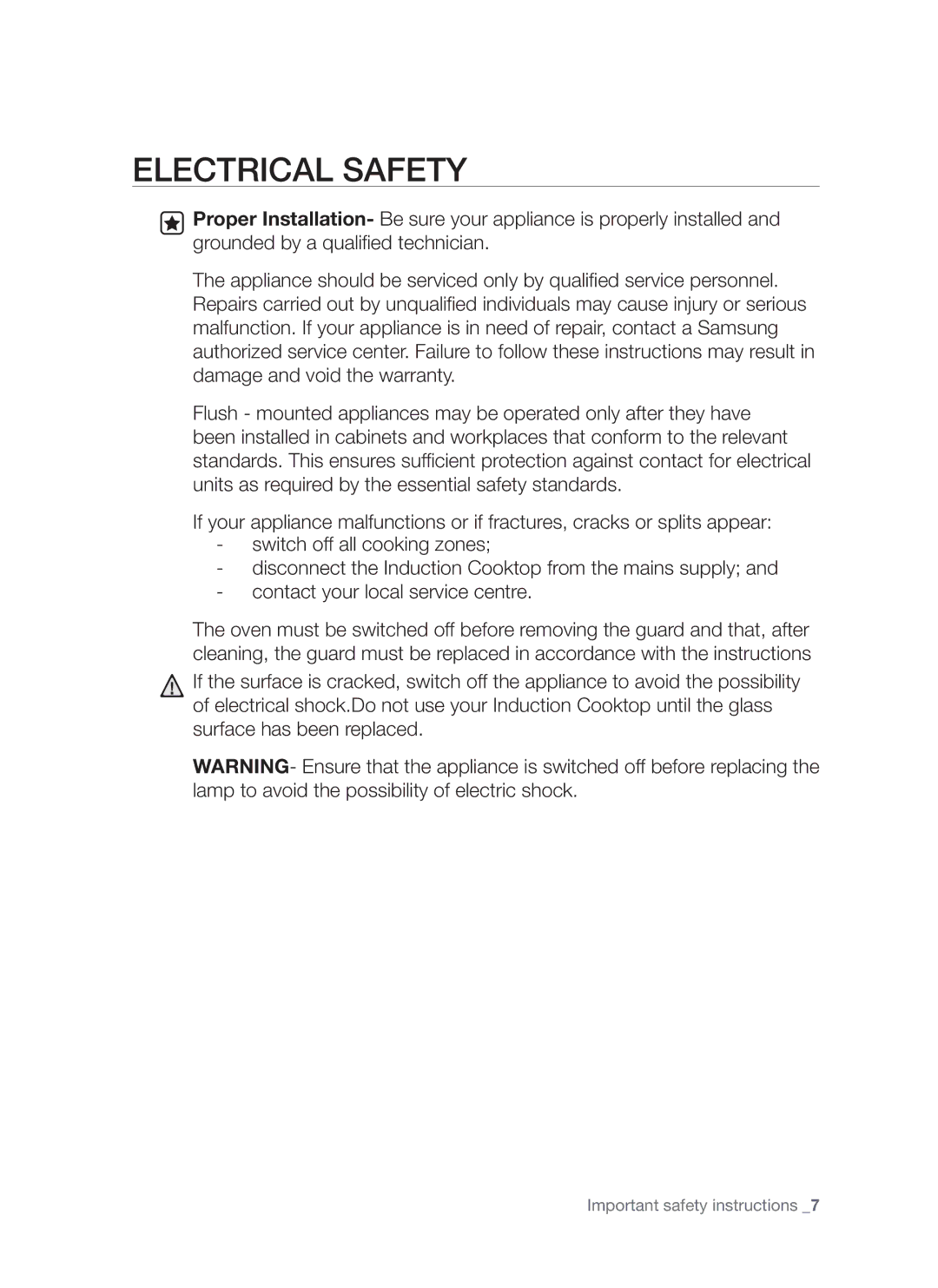 Samsung FTQ307NWGX user manual Electrical safety 