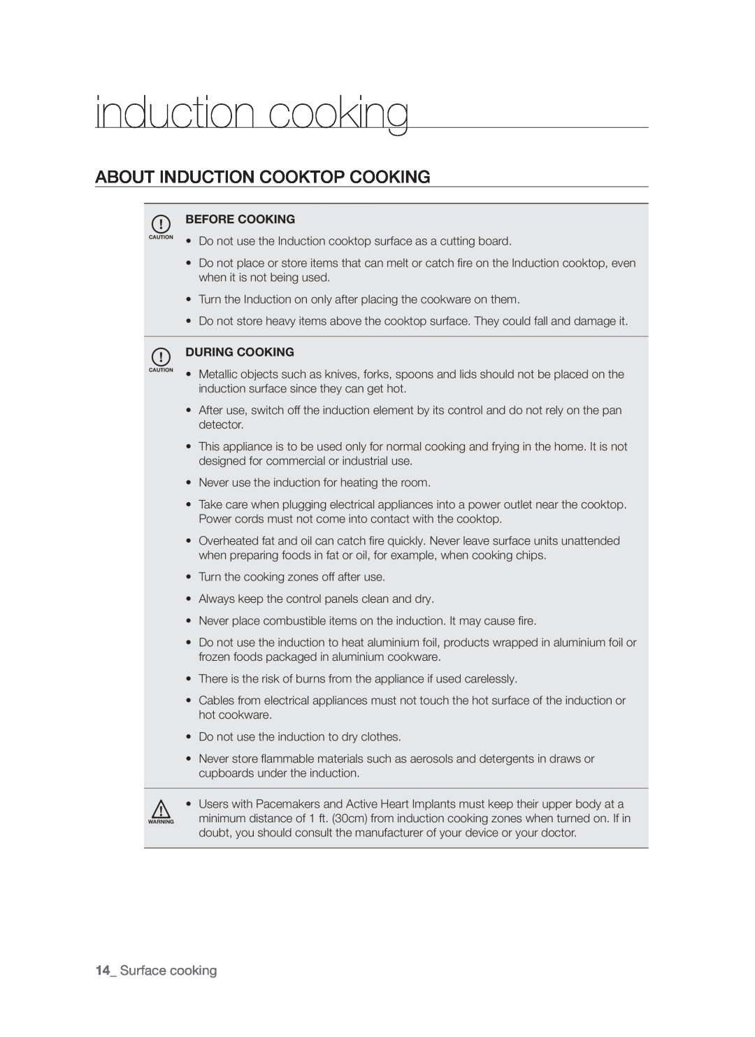 Samsung FTQ307NWGX user manual induction cooking, About induction cooktop cooking, Surface cooking 