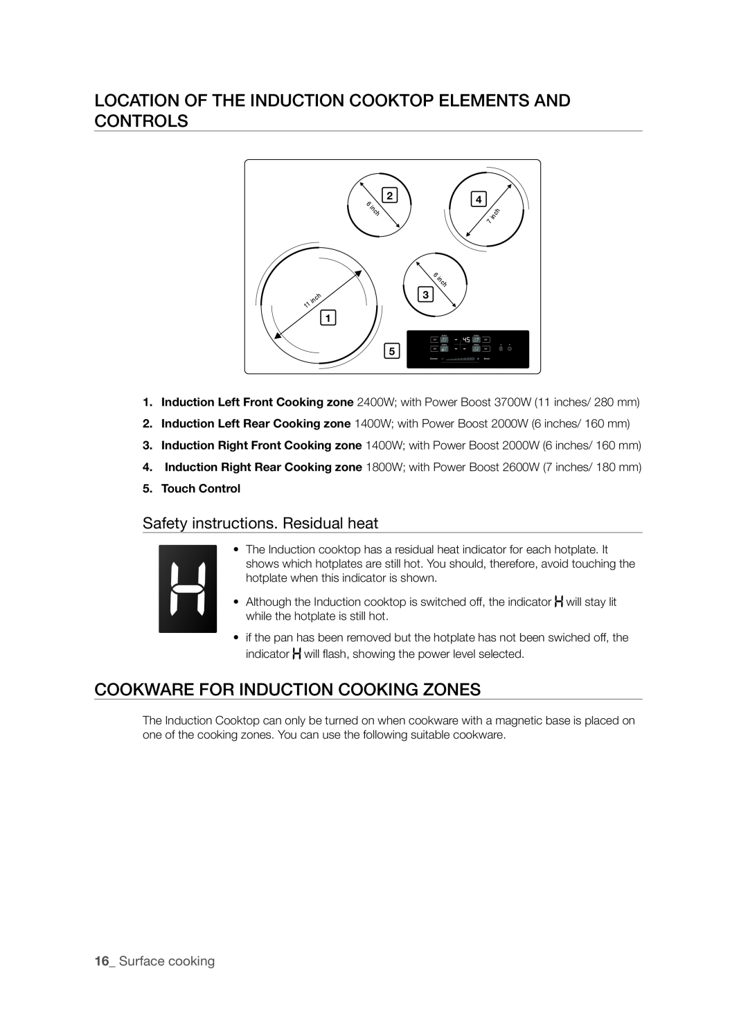 Samsung FTQ307NWGX Location of the Induction Cooktop elements and controls, Cookware for induction cooking zones 