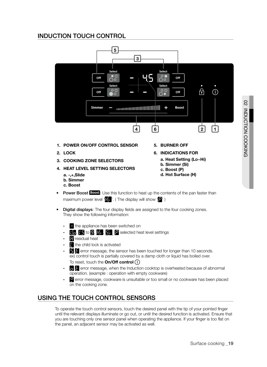 Samsung FTQ307NWGX user manual Induction touch control, Using the touch control sensors, Induction Cooking, Surface cooking 