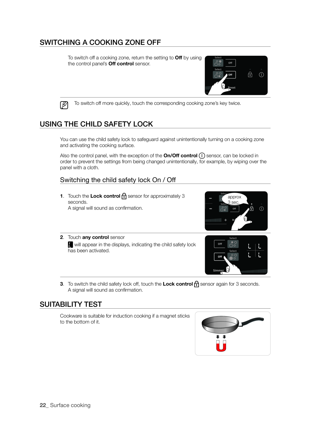 Samsung FTQ307NWGX user manual Switching a cooking zone off, Using the child safety lock, Suitability test, Surface cooking 