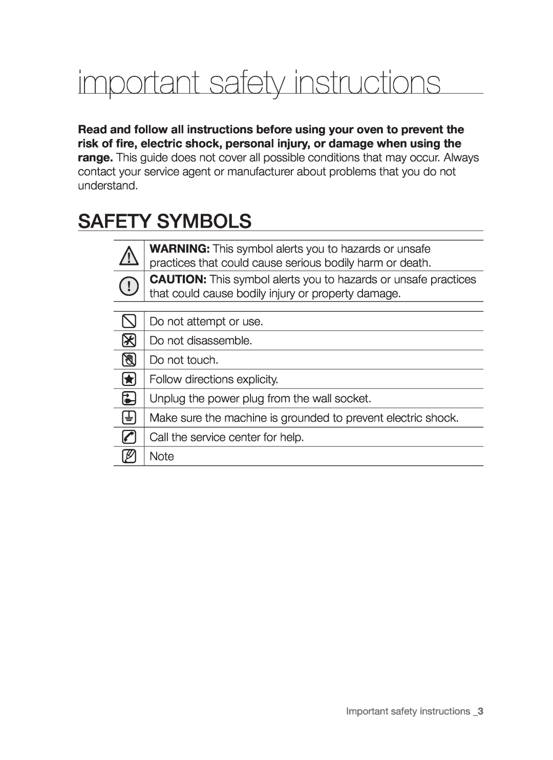 Samsung FTQ307NWGX user manual important safety instructions, Safety Symbols 