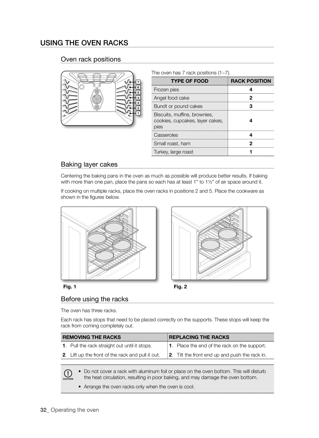 Samsung FTQ307NWGX user manual Using the oven racks, Oven rack positions, Baking layer cakes, Before using the racks 