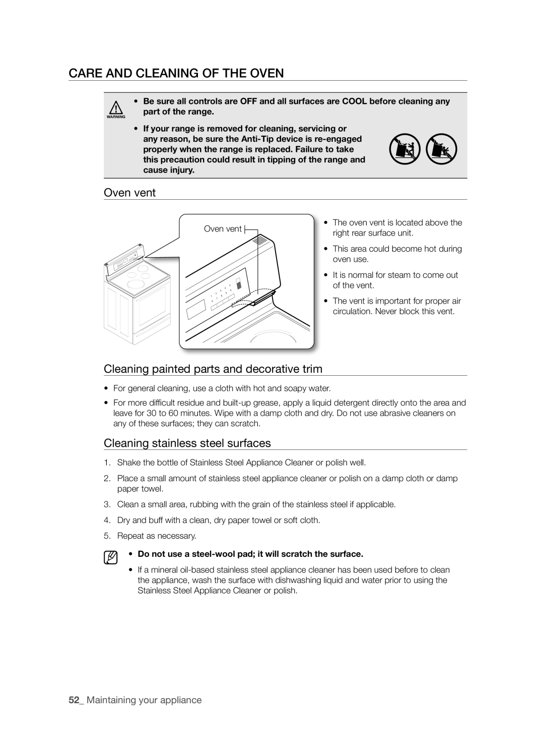 Samsung FTQ307NWGX user manual Care and cleaning of the oven, Oven vent, Cleaning painted parts and decorative trim 