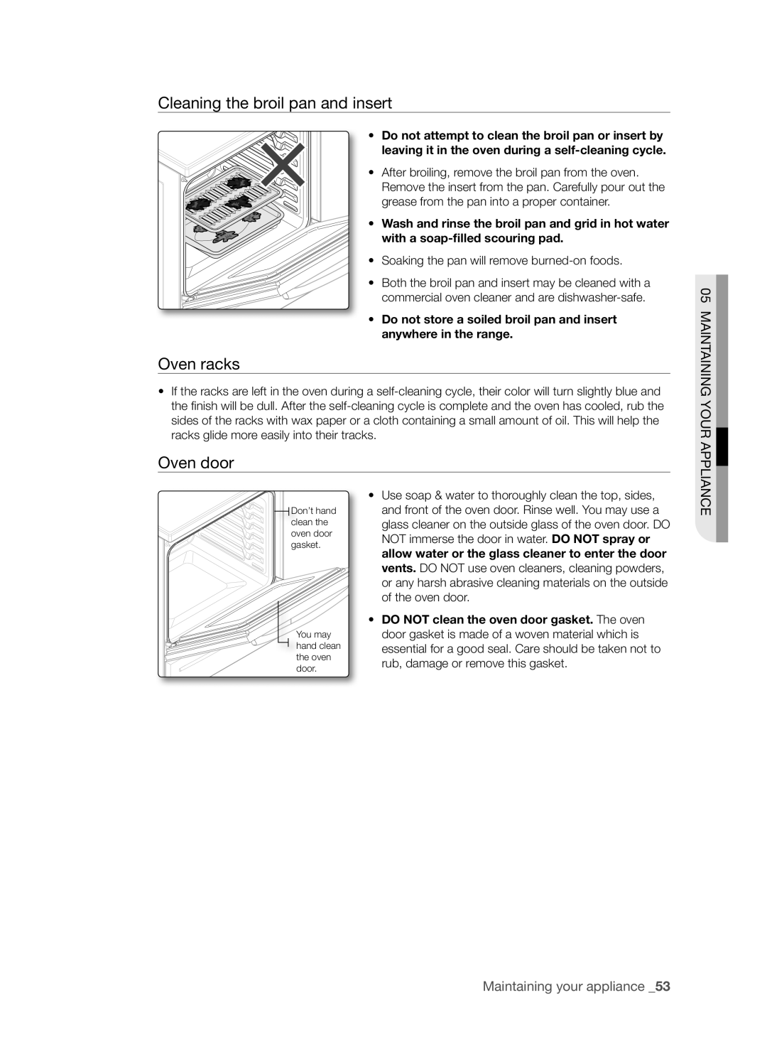 Samsung FTQ307NWGX user manual Cleaning the broil pan and insert, Oven racks, Oven door, Maintaining your appliance 