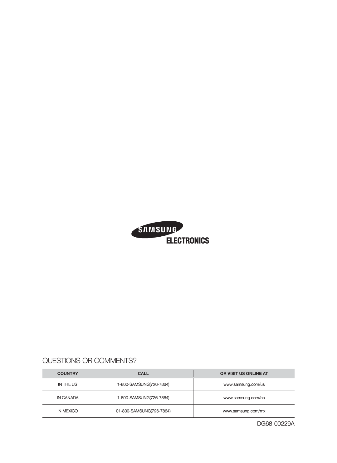Samsung FTQ307NWGX DG68-00229A, Country, Call, Or Visit Us Online At, In The Us, SAMSUNG726-7864, In Canada, In Mexico 