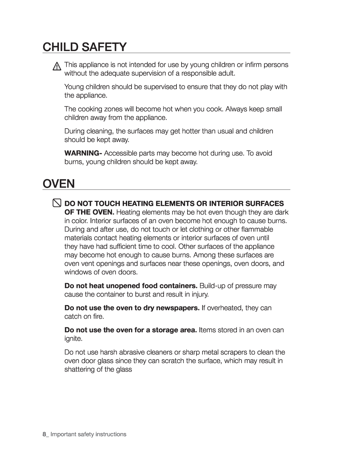 Samsung FTQ307NWGX user manual Child safety, Oven, Important safety instructions 