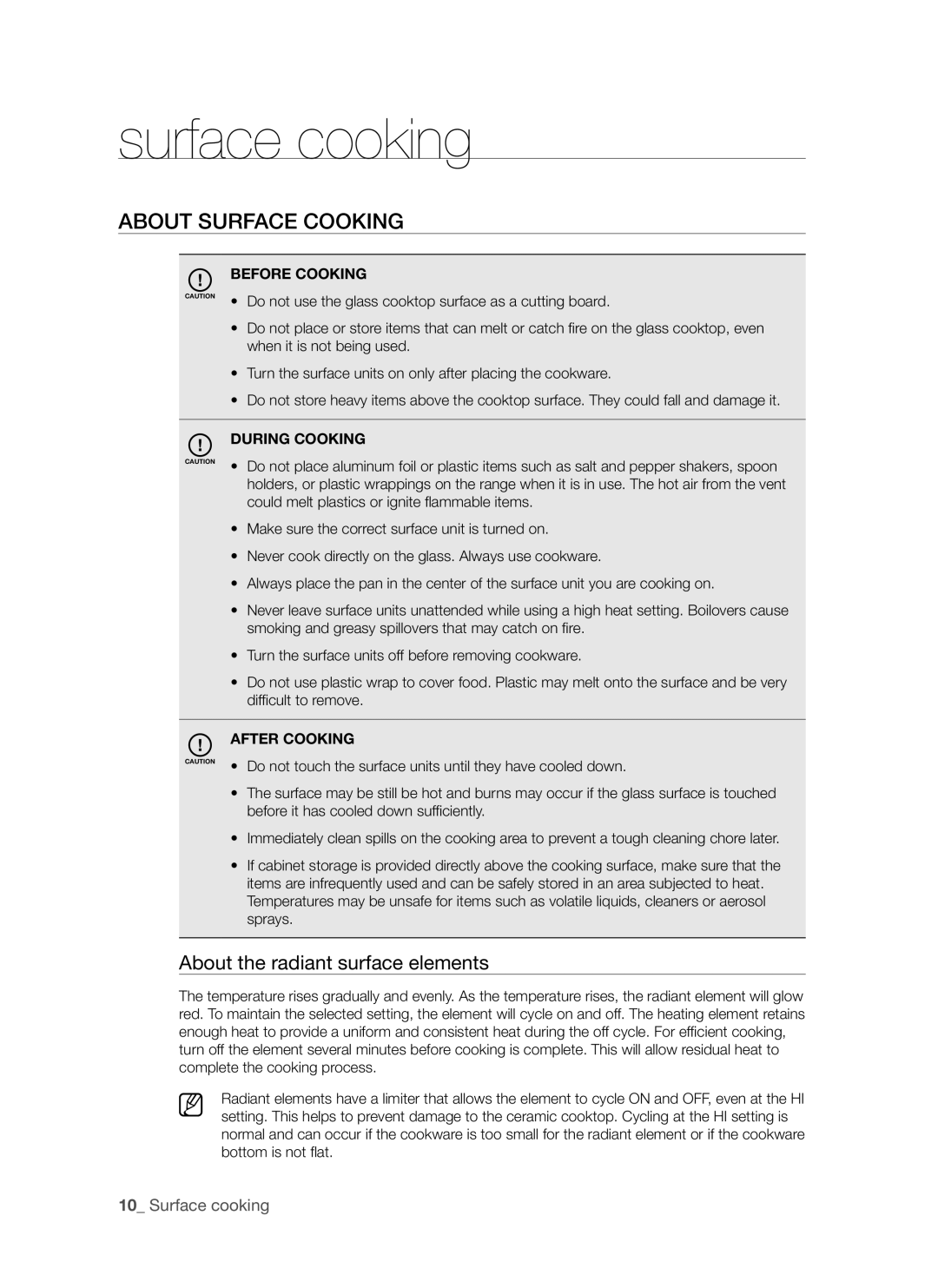 Samsung FTQ352IWUW Surface cooking, About the radiant surface elements, Before Cooking, During Cooking, After Cooking 