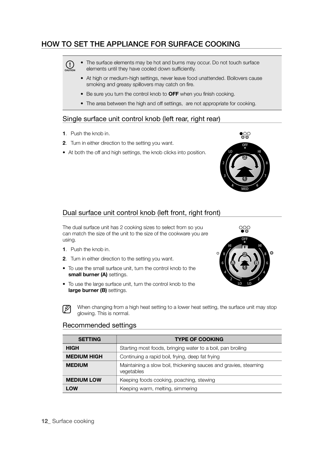 Samsung FTQ352IWUB, FTQ352IWUW, FTQ352IWUX Single surface unit control knob left rear, right rear, Recommended settings 