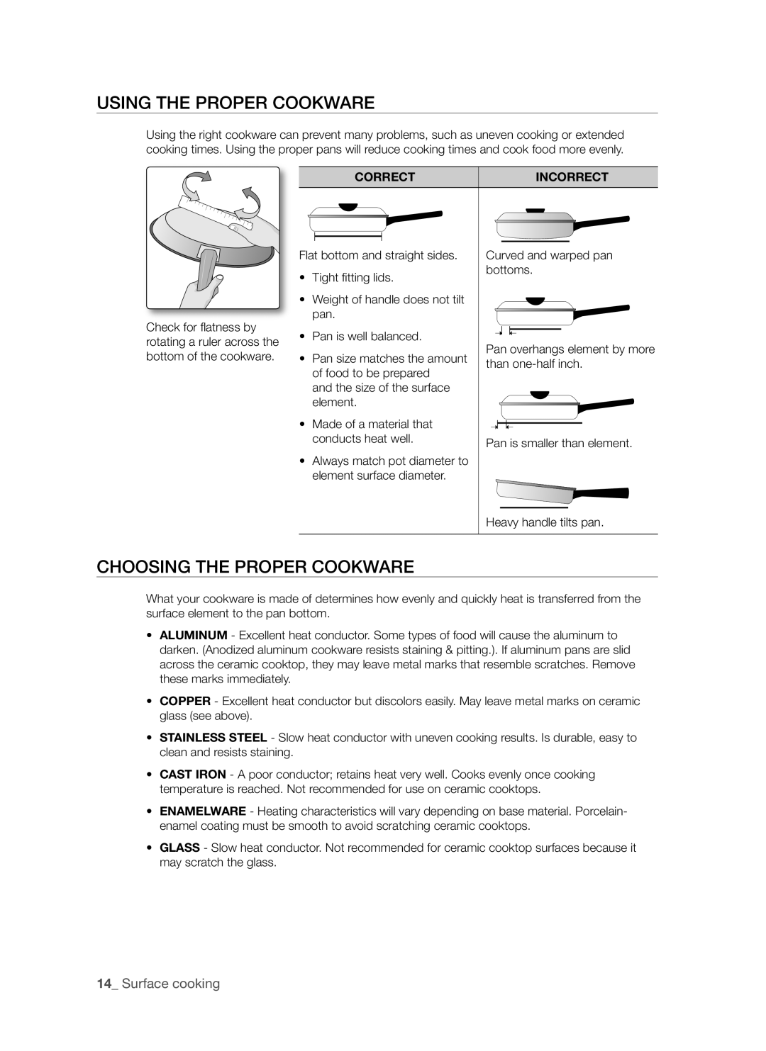 Samsung FTQ352IWUX, FTQ352IWUB, FTQ352IWUW Using the Proper Cookware, Choosing the Proper Cookware, Correctincorrect 