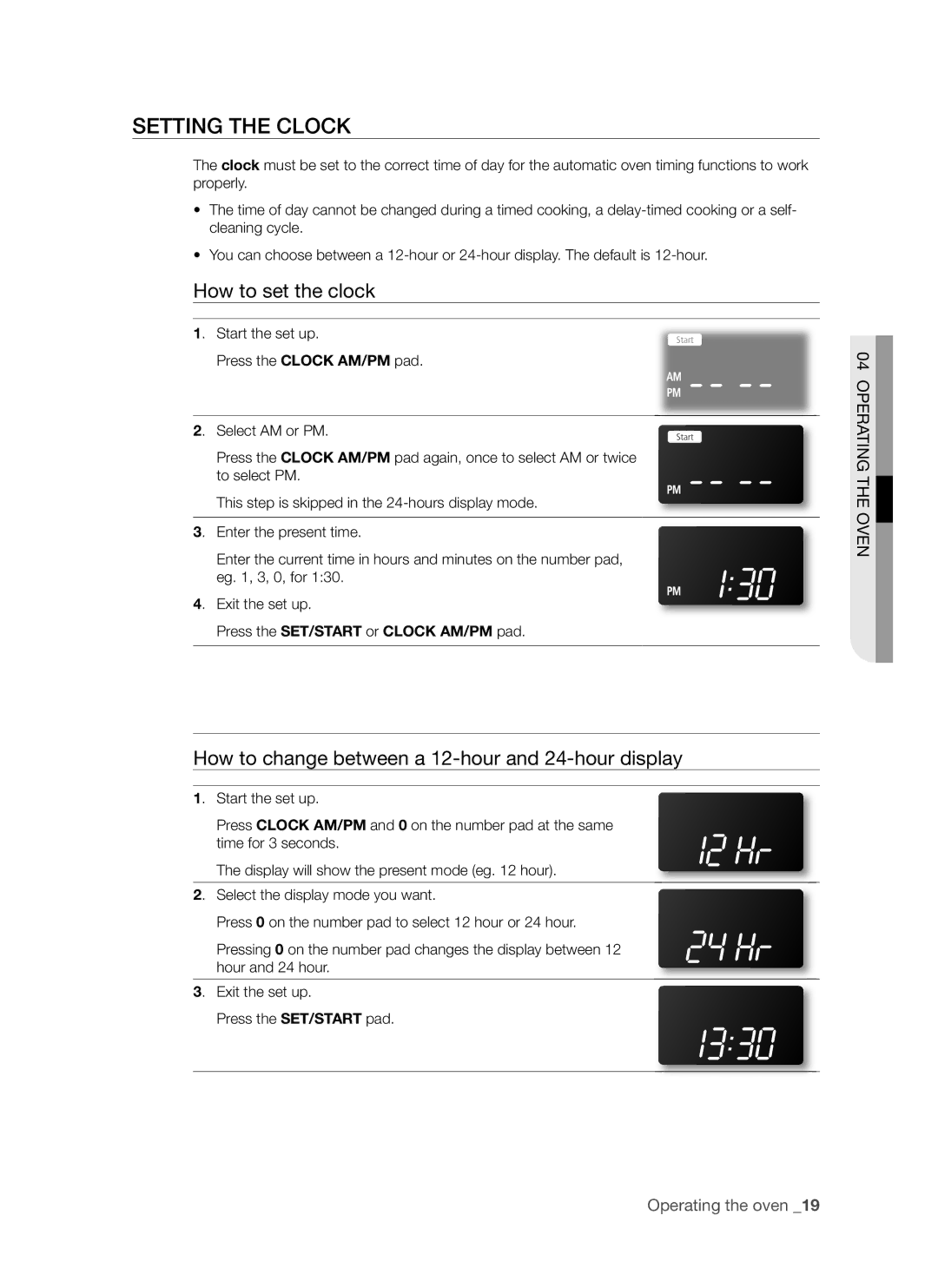 Samsung FTQ352IWUW user manual Setting the Clock, How to set the clock, How to change between a 12-hour and 24-hour display 