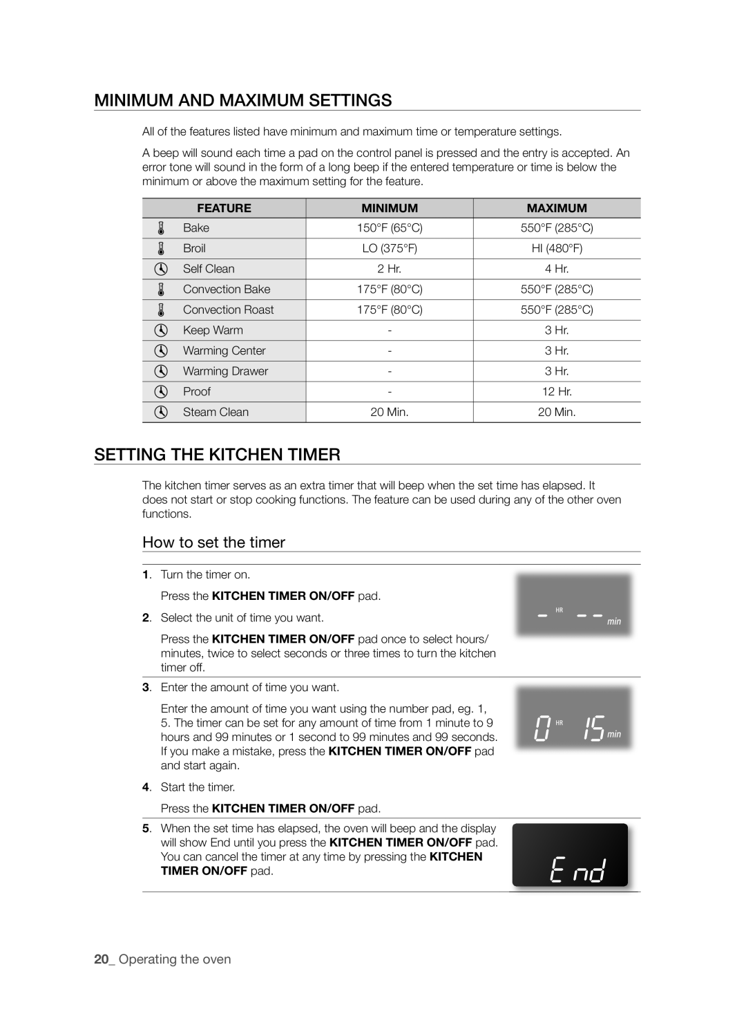 Samsung FTQ352IWUX Minimum and Maximum Settings, Setting the Kitchen Timer, How to set the timer, Feature Minimum Maximum 