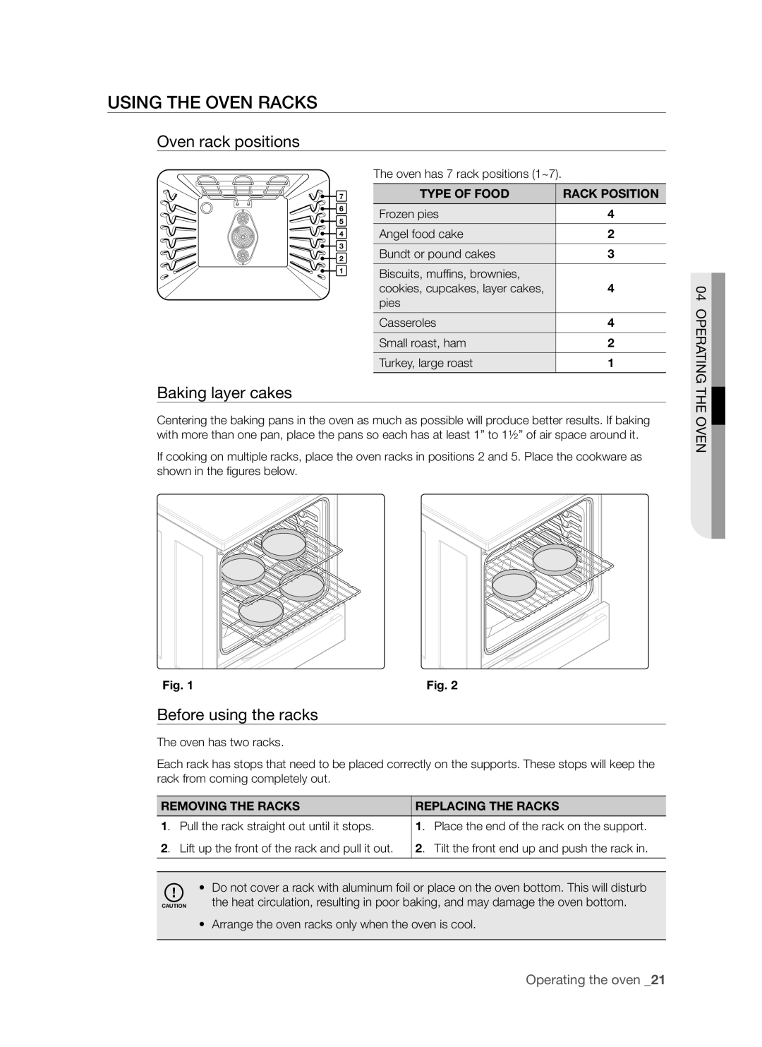 Samsung FTQ352IWUB, FTQ352IWUW Using the Oven Racks, Oven rack positions, Baking layer cakes, Before using the racks 