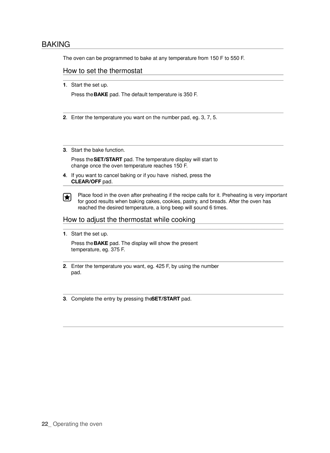 Samsung FTQ352IWUW, FTQ352IWUB, FTQ352IWUX Baking, How to set the thermostat, How to adjust the thermostat while cooking 