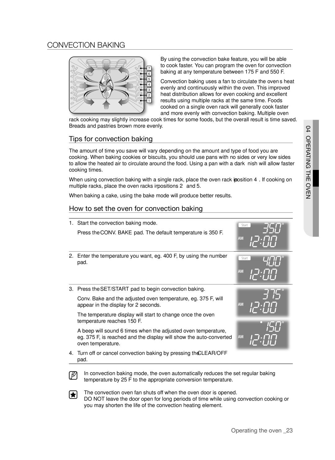 Samsung FTQ352IWUX, FTQ352IWUB Convection Baking, Tips for convection baking, How to set the oven for convection baking 