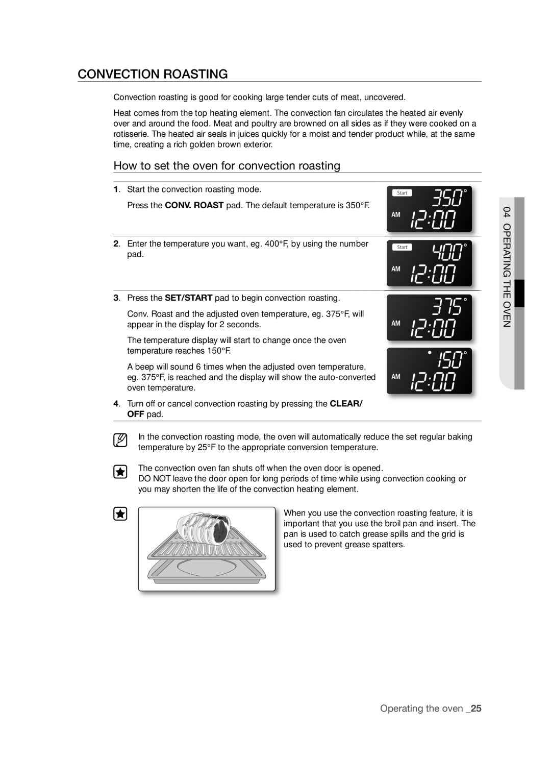 Samsung FTQ352IWUW, FTQ352IWUB, FTQ352IWUX user manual Convection Roasting, How to set the oven for convection roasting 