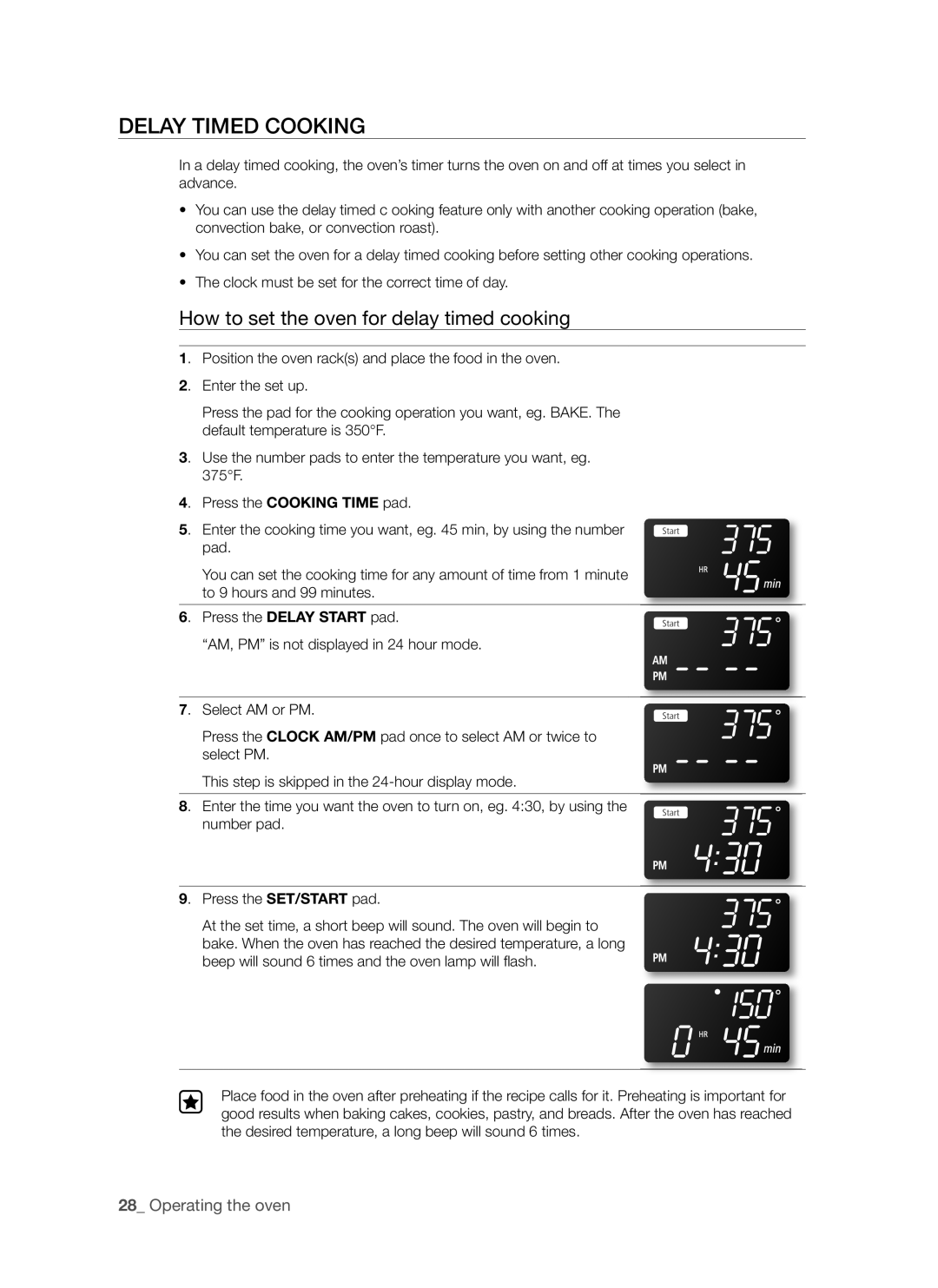 Samsung FTQ352IWUW, FTQ352IWUB, FTQ352IWUX user manual Delay Timed Cooking, How to set the oven for delay timed cooking 