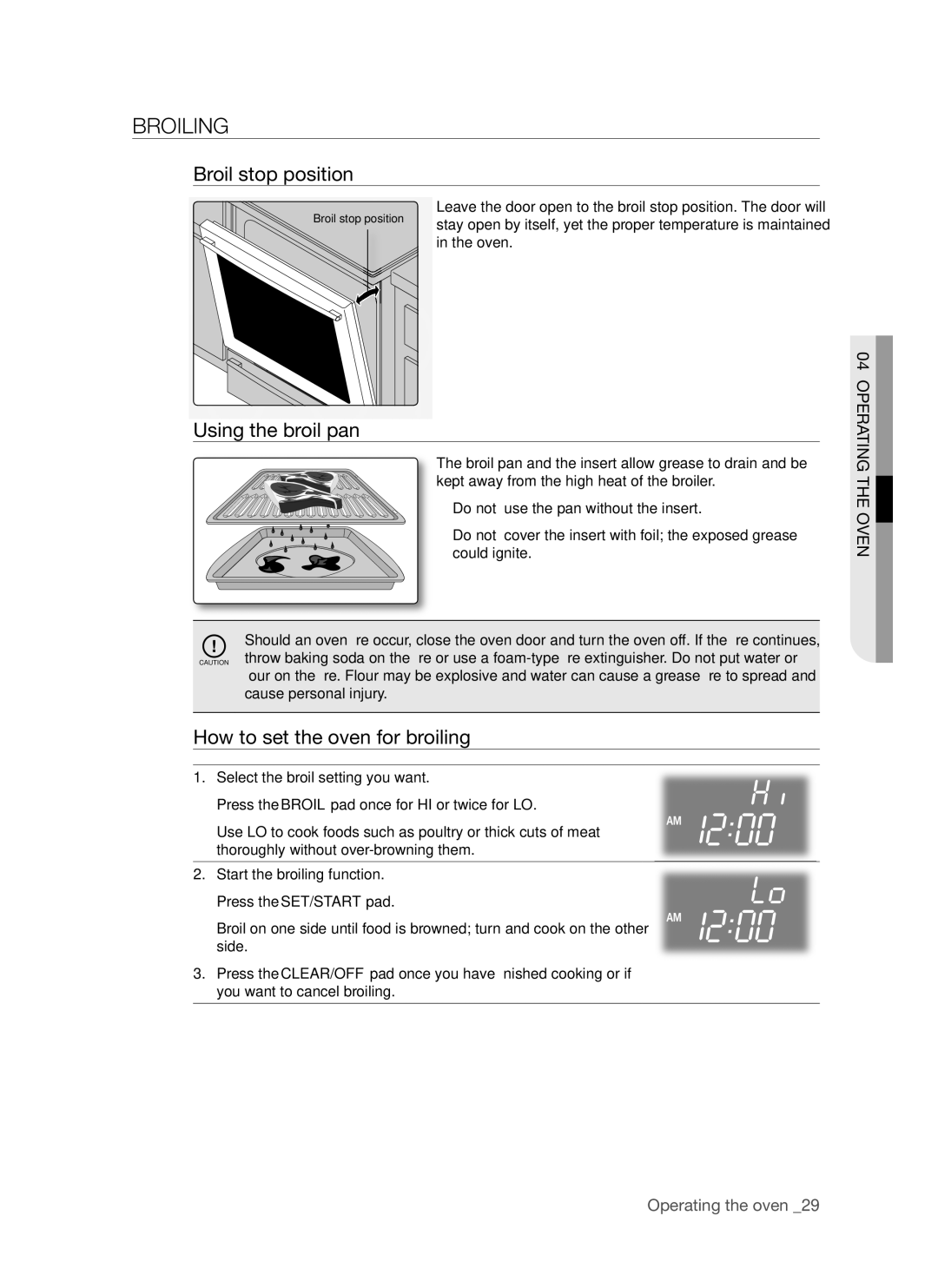 Samsung FTQ352IWUX, FTQ352IWUB Broiling, Broil stop position, Using the broil pan, How to set the oven for broiling 