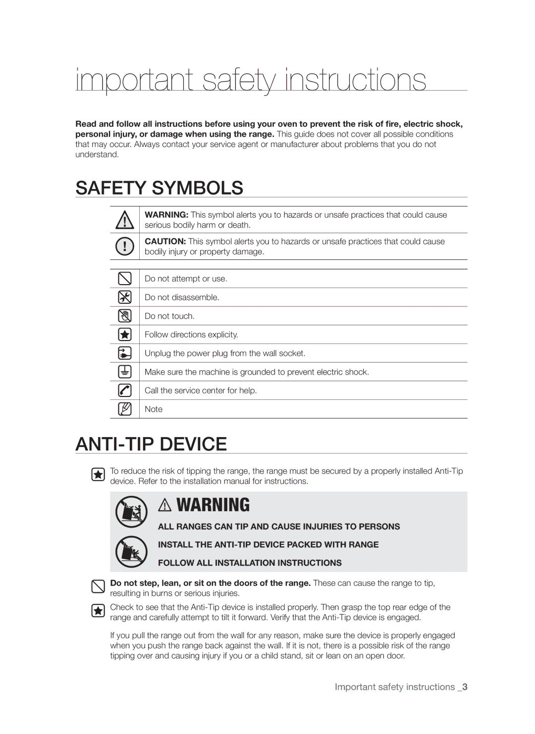 Samsung FTQ352IWUB, FTQ352IWUW, FTQ352IWUX user manual Important safety instructions, Safety Symbols 