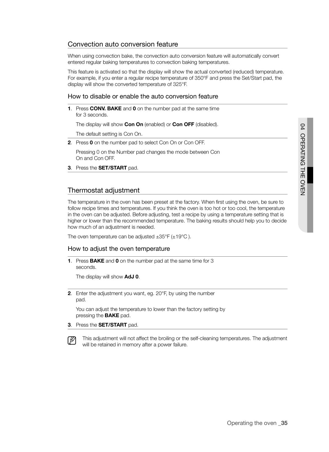 Samsung FTQ352IWUX, FTQ352IWUB, FTQ352IWUW user manual Convection auto conversion feature, Thermostat adjustment 