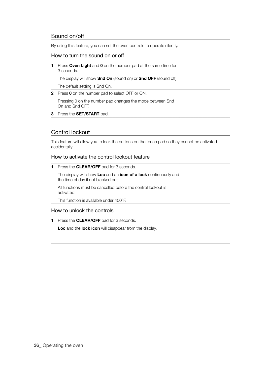 Samsung FTQ352IWUB, FTQ352IWUW, FTQ352IWUX user manual Sound on/off, Control lockout 