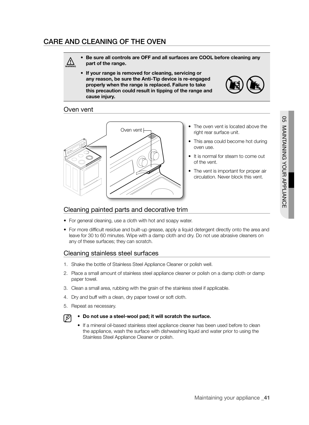 Samsung FTQ352IWUX, FTQ352IWUB Care and Cleaning of the Oven, Oven vent, Cleaning painted parts and decorative trim 