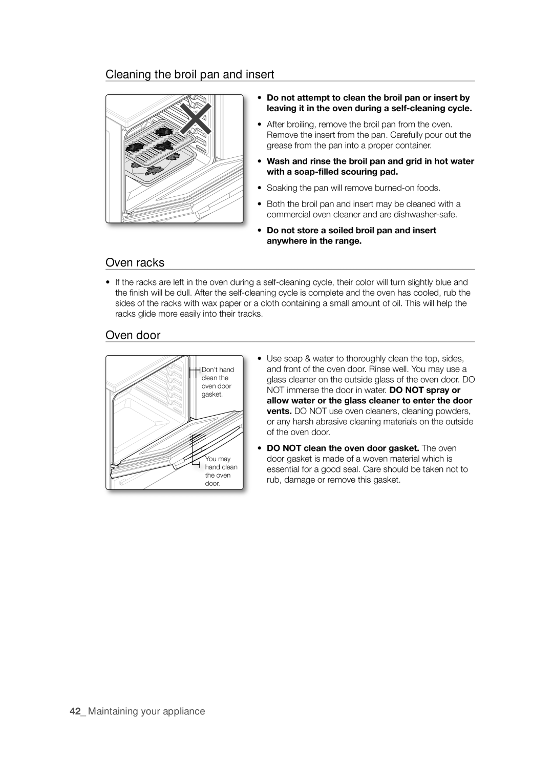 Samsung FTQ352IWUB, FTQ352IWUW, FTQ352IWUX user manual Cleaning the broil pan and insert, Oven racks, Oven door 