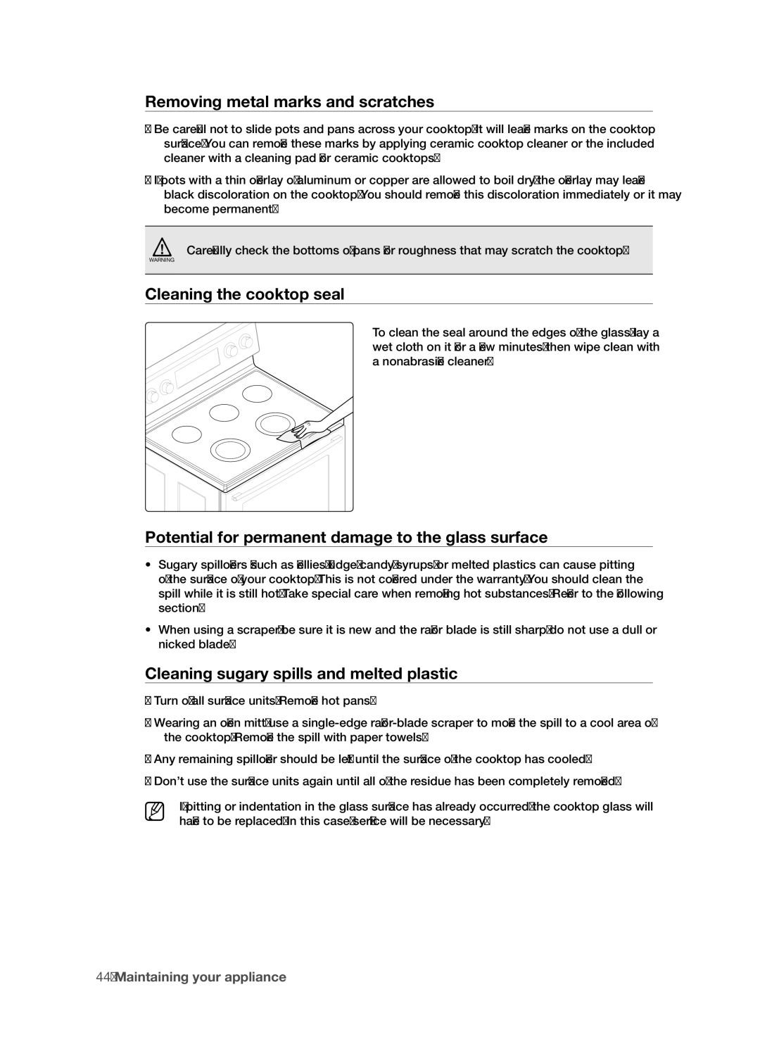 Samsung FTQ352IWUX, FTQ352IWUB, FTQ352IWUW user manual Removing metal marks and scratches, Cleaning the cooktop seal 