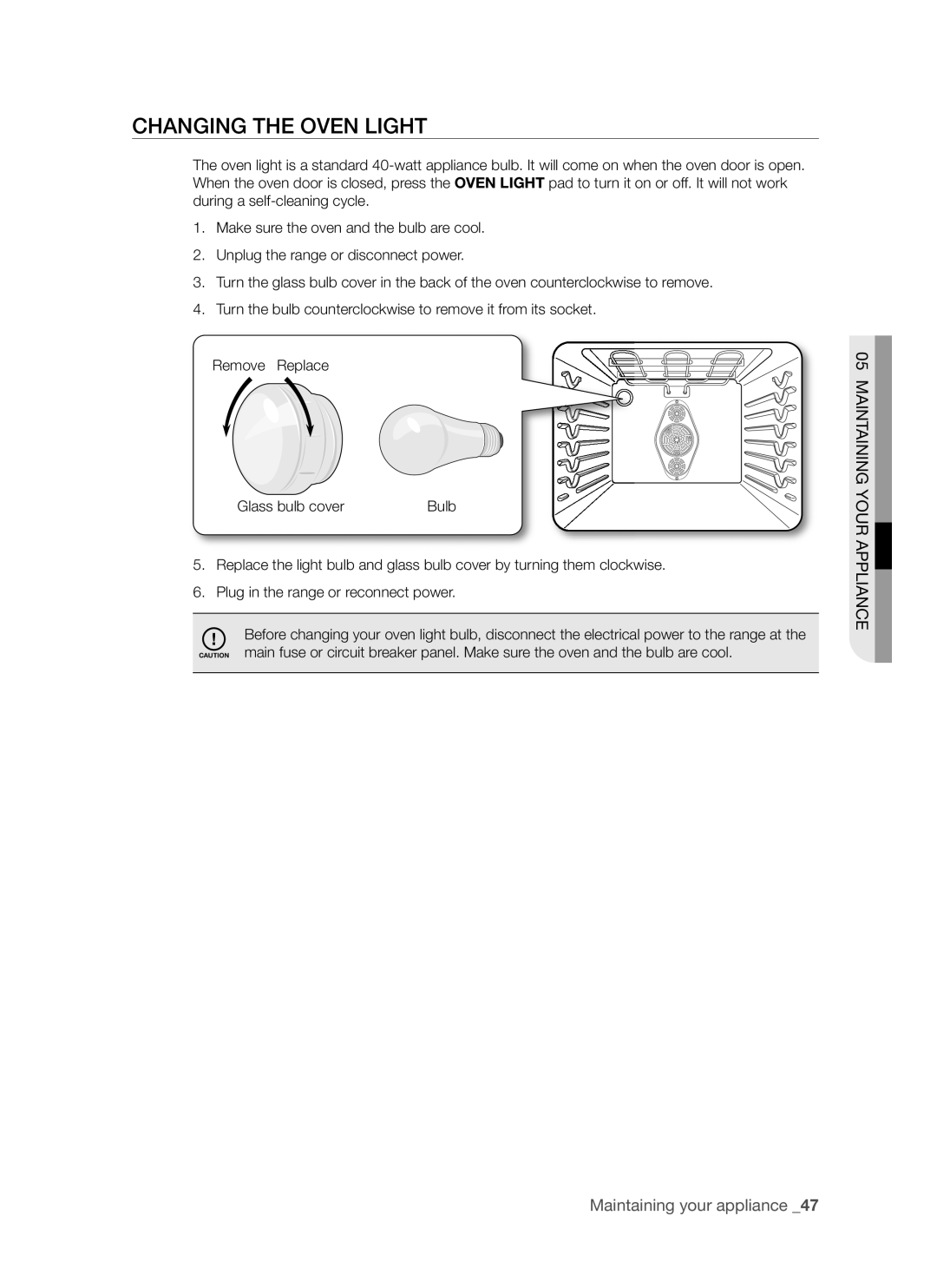 Samsung FTQ352IWUX, FTQ352IWUB, FTQ352IWUW user manual Changing the Oven Light 