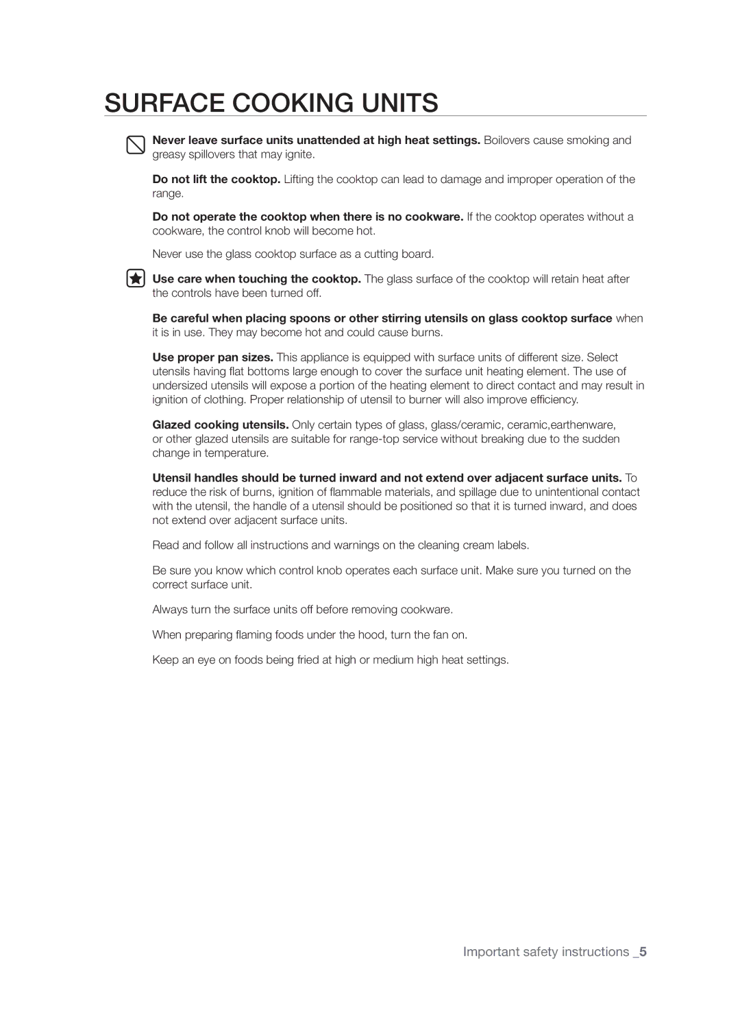 Samsung FTQ352IWUX, FTQ352IWUB, FTQ352IWUW user manual Surface Cooking Units 