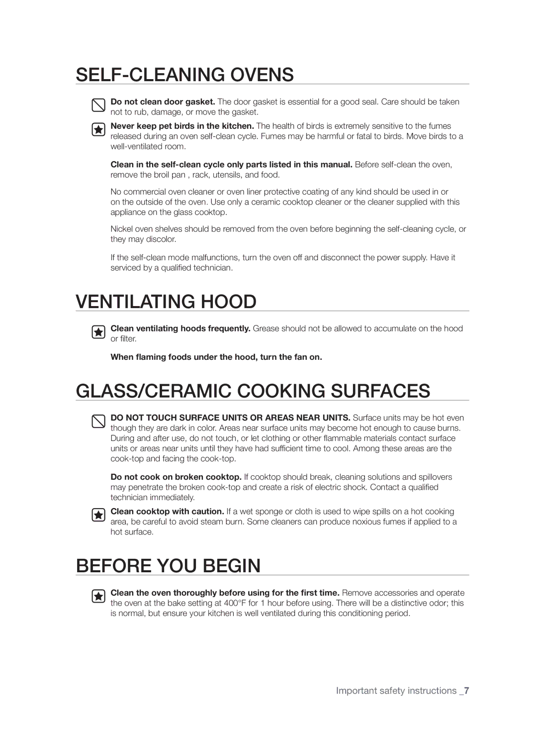 Samsung FTQ352IWUW, FTQ352IWUB, FTQ352IWUX SELF-CLEANING Ovens, When flaming foods under the hood, turn the fan on 