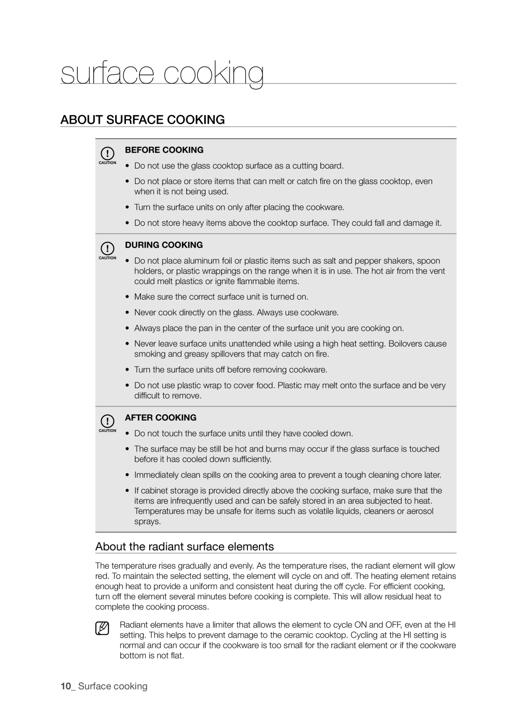 Samsung FTQ352IWUW Surface cooking, About the radiant surface elements, Before Cooking, During Cooking, After Cooking 