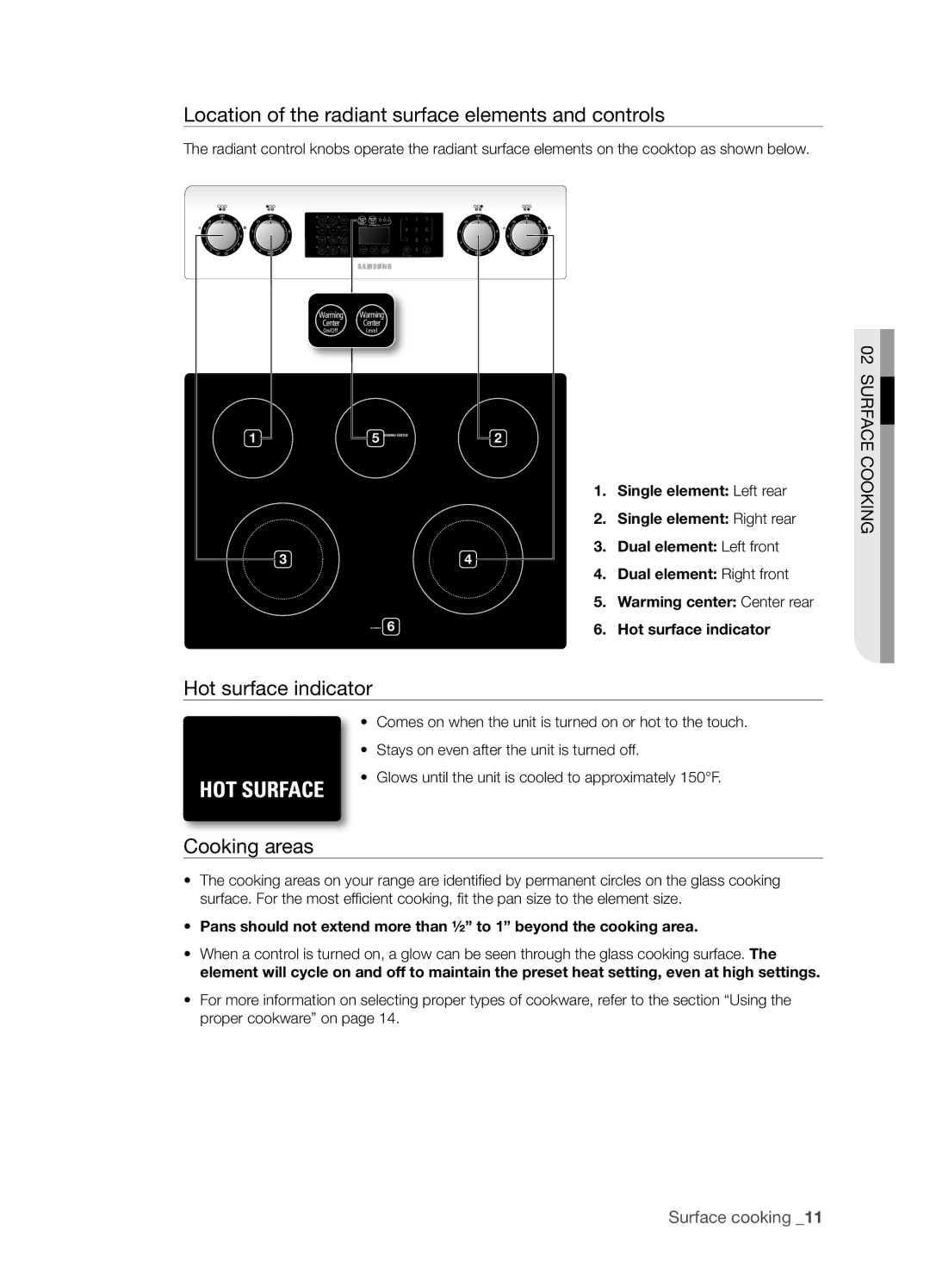 Samsung FTQ352IWUX, FTQ352IWUB Location of the radiant surface elements and controls, Hot surface indicator, Cooking areas 