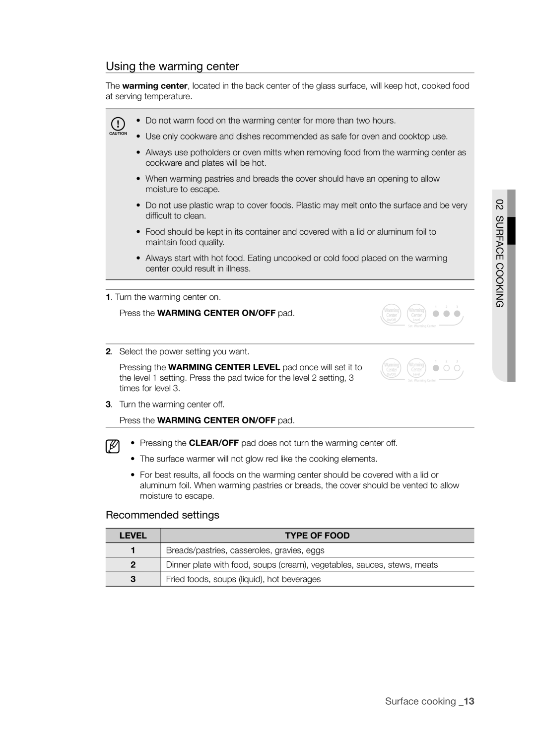 Samsung FTQ352IWUW, FTQ352IWUB Using the warming center, Press the Warming Center ON/OFF pad, Level, TyPE of Food 