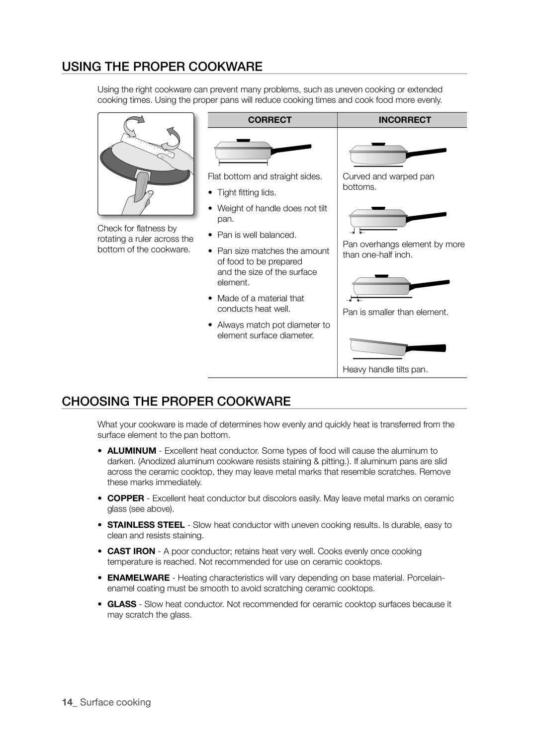 Samsung FTQ352IWUX, FTQ352IWUB, FTQ352IWUW Using the Proper Cookware, Choosing the Proper Cookware, Correct Incorrect 